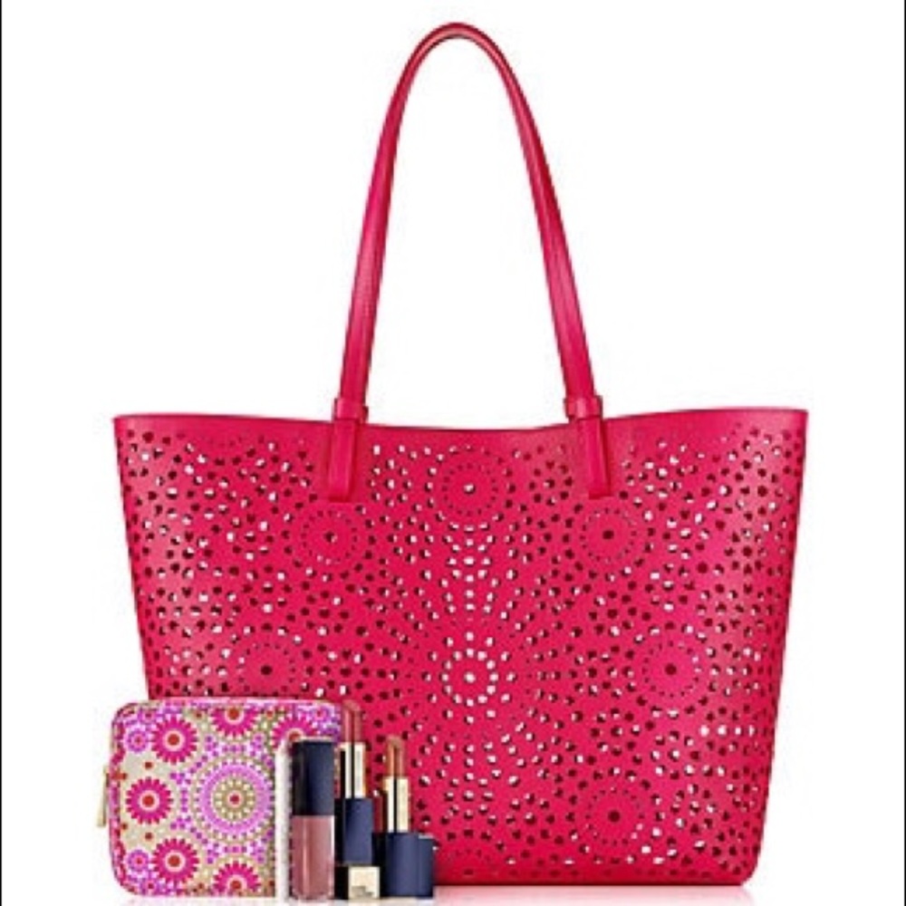 Estée Lauder tote with cosmetics bag lipstick